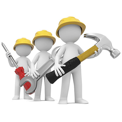 Three white characters wearing yellow safety helmets and holding tools like a hammer and screwdrivers, representing Cleaning, Maintenance, and Services Companies