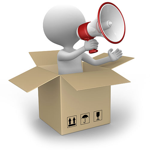 A white character emerging from a cardboard box holding a megaphone, representing marketing