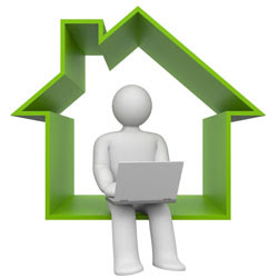 A white character sitting with a laptop inside a green house outline, representing insurance companies