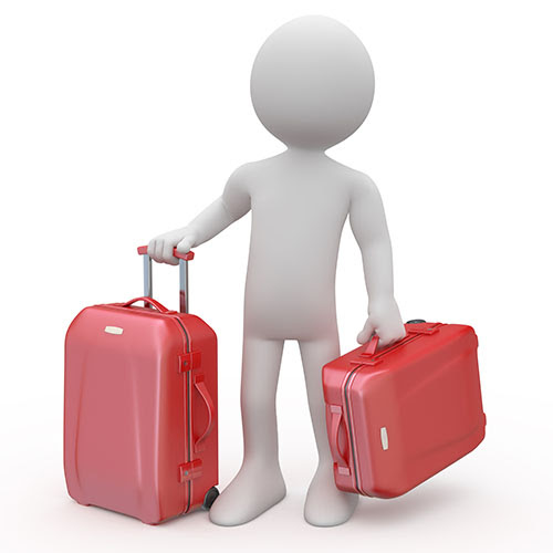 A white character holding two red suitcases, representing passenger transport companies