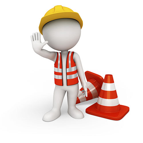A white character wearing a yellow safety helmet and orange vest, raising one hand as a warning gesture, standing next to traffic cones, representing urban management and maintenance